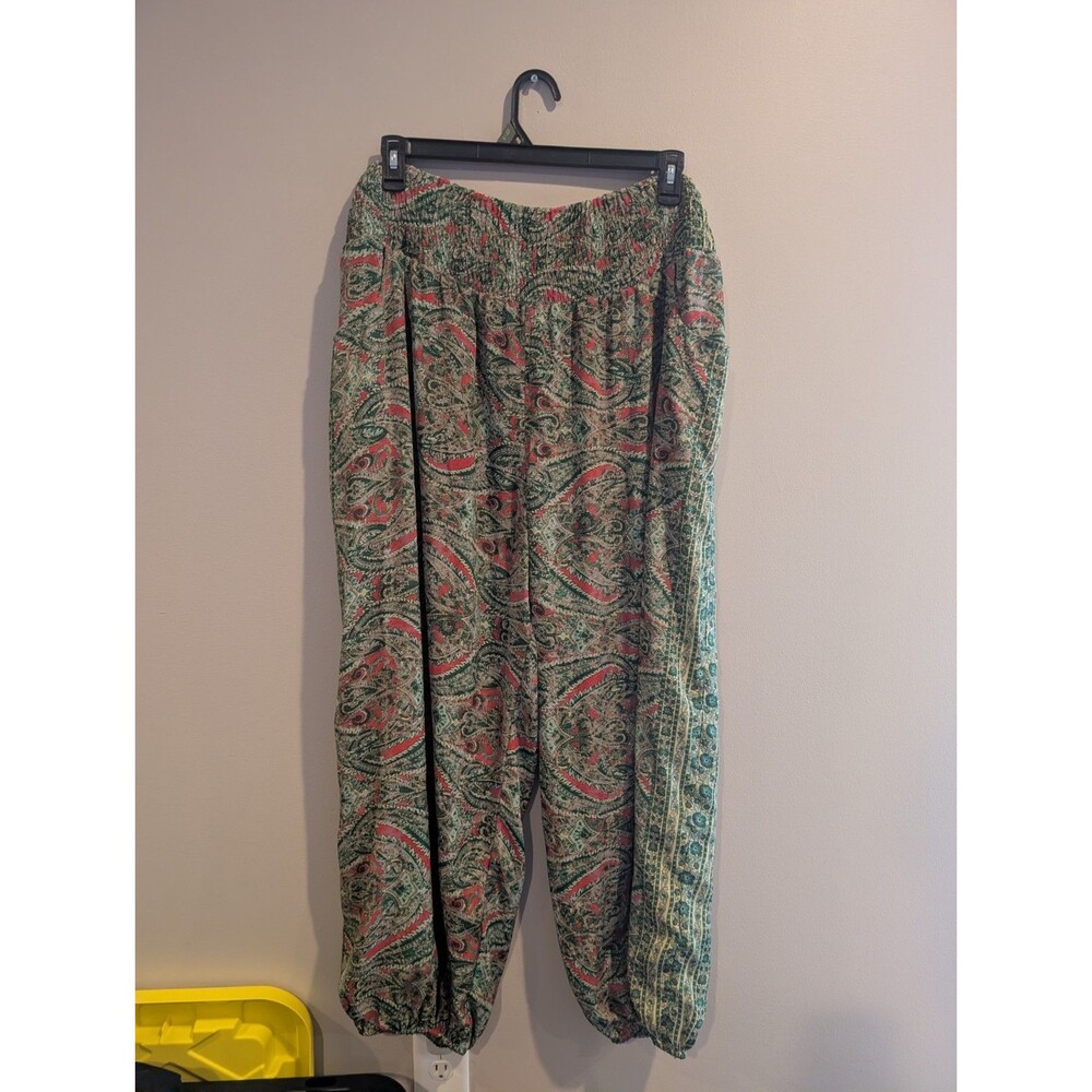 Earthbound Trading Pants 2xl Womens Green Paisley Harem Elastic Waist Xxl Boho